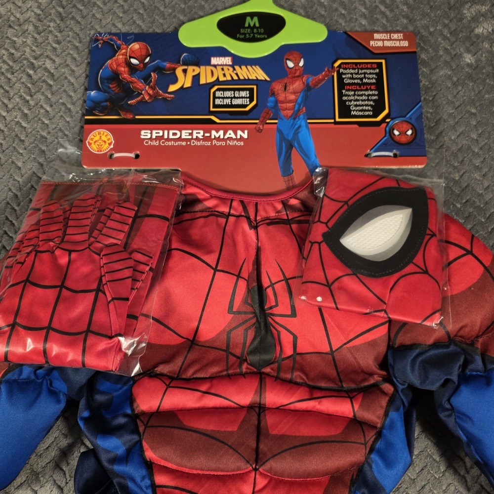 Spider-Man Costume Boys M 8-10 Marvel Muscle Chest Mask Gloves Rubies 2021 New - Picture 3 of 8